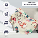 Cute Snowman Snow Globe Poinsettia Flower Christmas Pattern Cream  Personalised Custom Name Super Soft Fleece Blanket Bed Sofa Throw