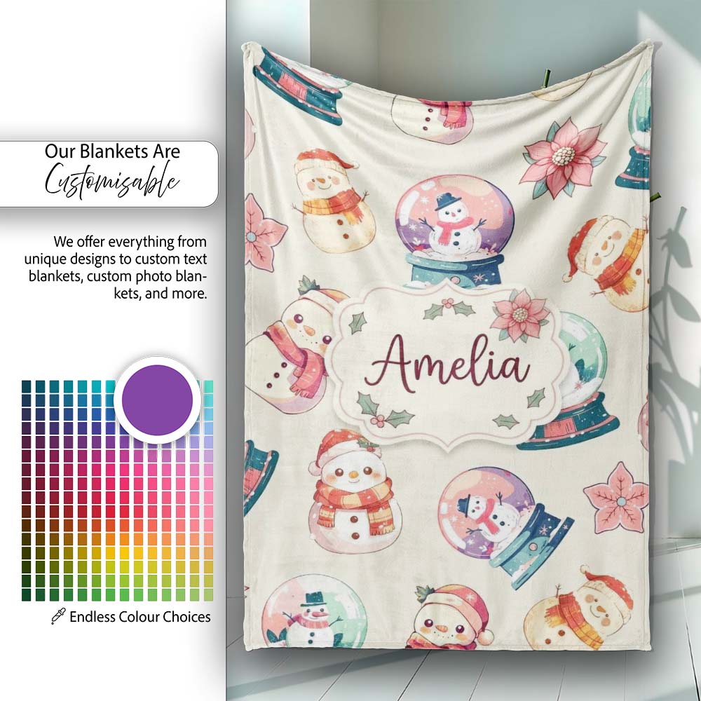 Cute Snowman Snow Globe Poinsettia Flower Christmas Pattern Cream  Personalised Custom Name Super Soft Fleece Blanket Bed Sofa Throw
