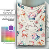 Cute Snowman Snow Globe Poinsettia Flower Christmas Pattern Cream  Personalised Custom Name Super Soft Fleece Blanket Bed Sofa Throw