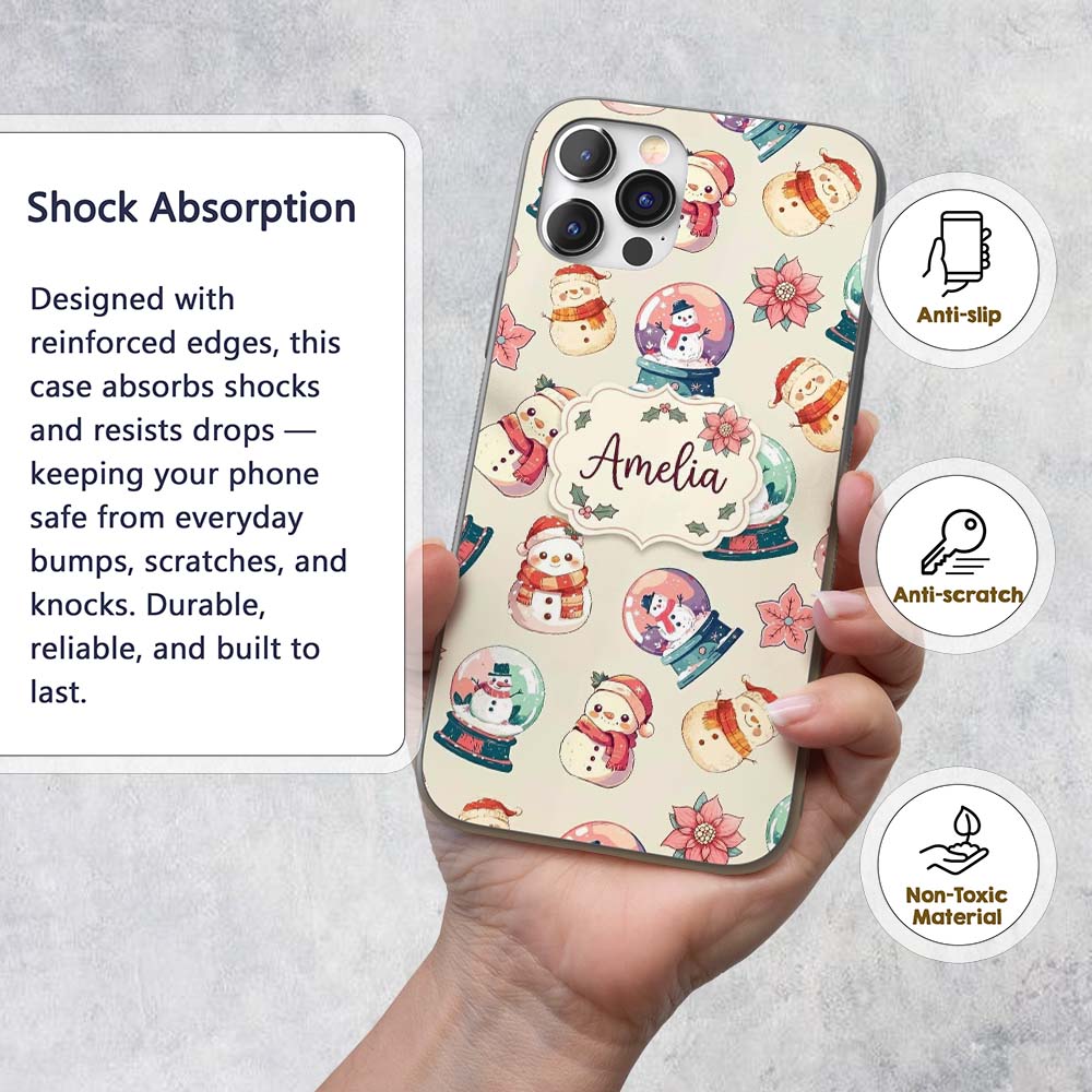 Cute Snowman Snow Globe Poinsettia Printed Design Custom Name Protective Phone Case Mobile Cover Durable Everyday Smartphone Shock Resistant