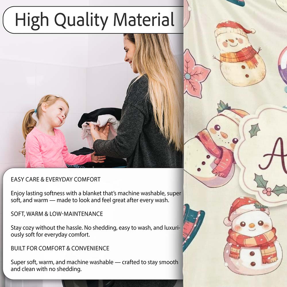 Cute Snowman Snow Globe Poinsettia Flower Christmas Pattern Cream  Personalised Custom Name Super Soft Fleece Blanket Bed Sofa Throw