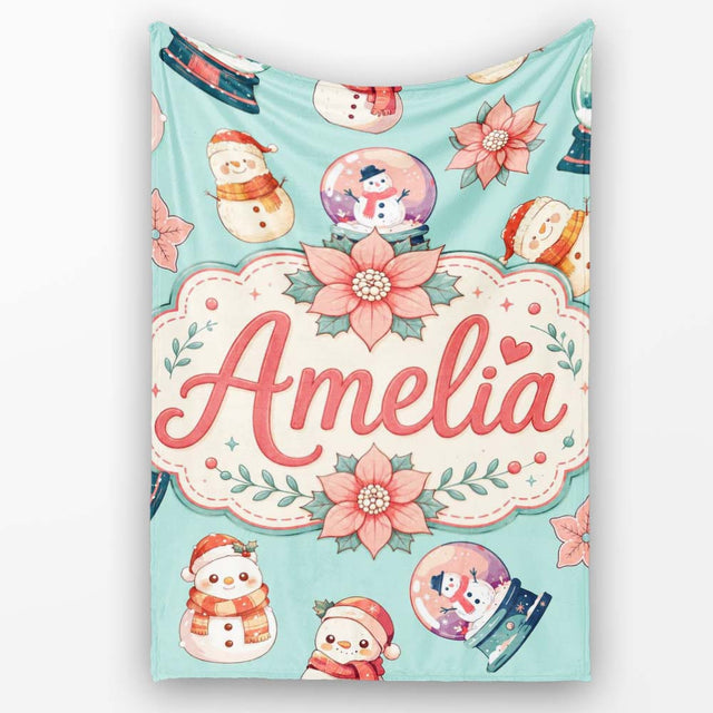 Cute Snowman Snow Globe Poinsettia Flower Christmas Pattern Teal  Personalised Custom Name Super Soft Fleece Blanket Bed Sofa Throw