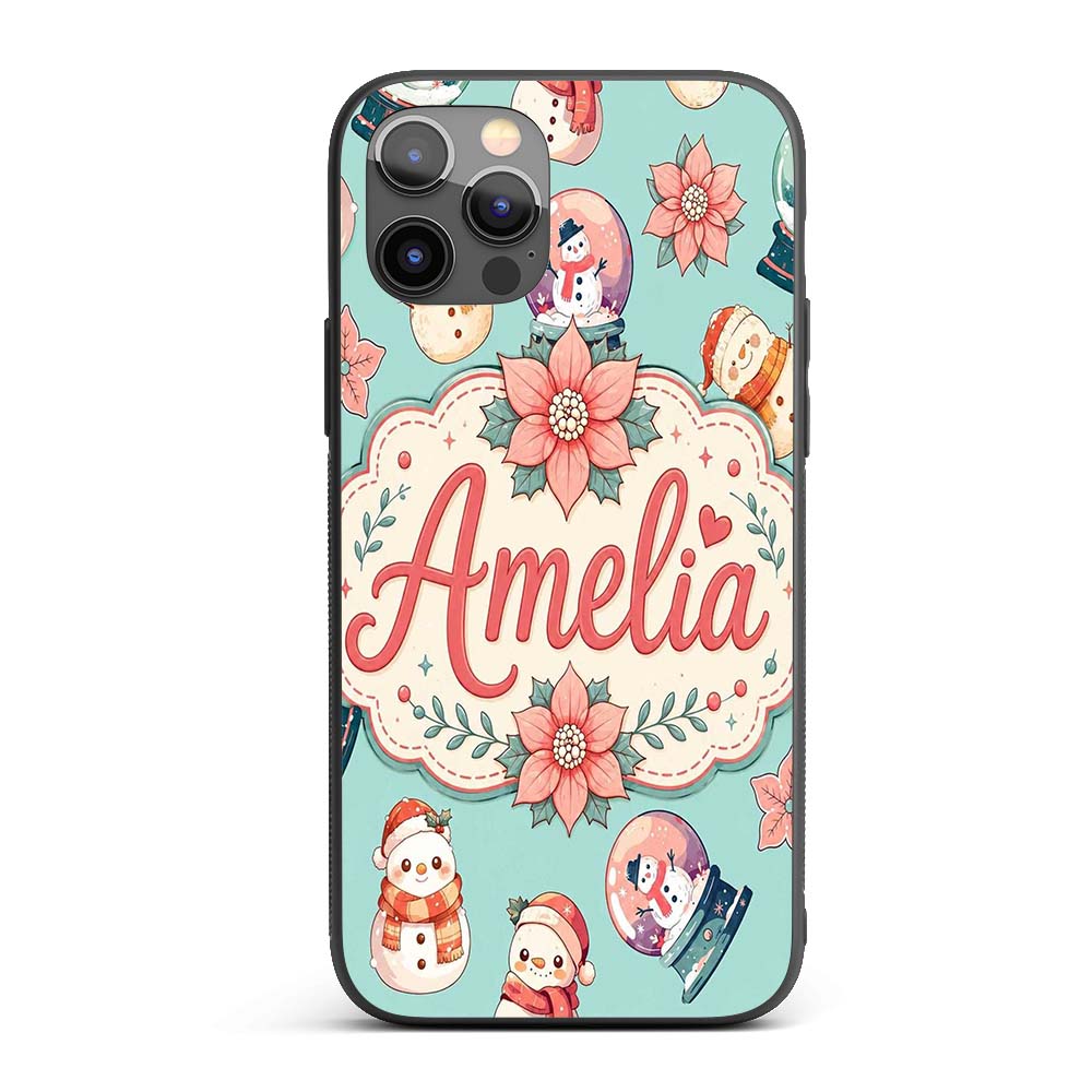 Cute Snowman Snow Globe Poinsettia Printed Design Custom Name Protective Phone Case Mobile Cover Durable Everyday Smartphone Shock Resistant