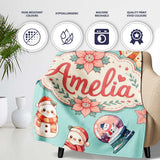 Cute Snowman Snow Globe Poinsettia Flower Christmas Pattern Teal  Personalised Custom Name Super Soft Fleece Blanket Bed Sofa Throw