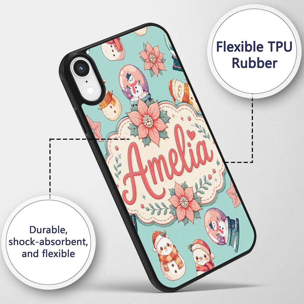 Cute Snowman Snow Globe Poinsettia Printed Design Custom Name Protective Phone Case Mobile Cover Durable Everyday Smartphone Shock Resistant