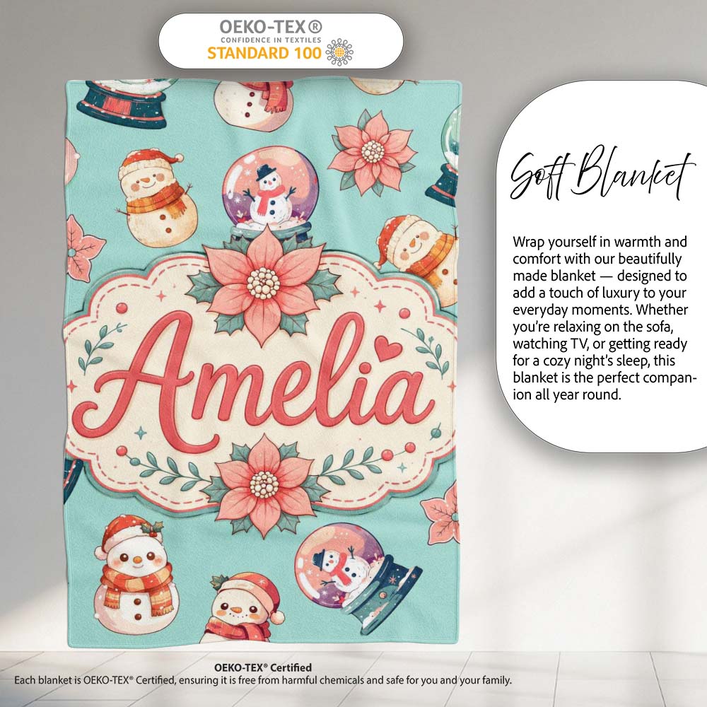 Cute Snowman Snow Globe Poinsettia Flower Christmas Pattern Teal  Personalised Custom Name Super Soft Fleece Blanket Bed Sofa Throw