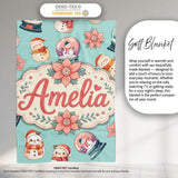 Cute Snowman Snow Globe Poinsettia Flower Christmas Pattern Teal  Personalised Custom Name Super Soft Fleece Blanket Bed Sofa Throw