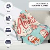 Cute Snowman Snow Globe Poinsettia Flower Christmas Pattern Teal  Personalised Custom Name Super Soft Fleece Blanket Bed Sofa Throw