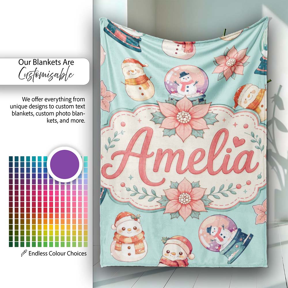 Cute Snowman Snow Globe Poinsettia Flower Christmas Pattern Teal  Personalised Custom Name Super Soft Fleece Blanket Bed Sofa Throw