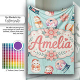 Cute Snowman Snow Globe Poinsettia Flower Christmas Pattern Teal  Personalised Custom Name Super Soft Fleece Blanket Bed Sofa Throw