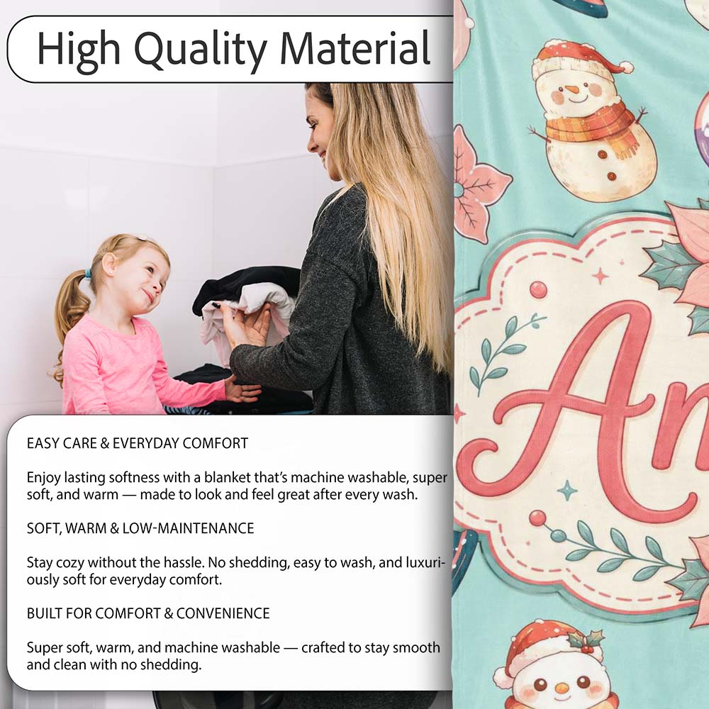 Cute Snowman Snow Globe Poinsettia Flower Christmas Pattern Teal  Personalised Custom Name Super Soft Fleece Blanket Bed Sofa Throw