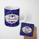 Personalized Custom Name Teal Leaves and Purple Grapes Decorative Seamless Pattern Lovely 11oz Ceramic Coffee Tea Mug White Large Handle