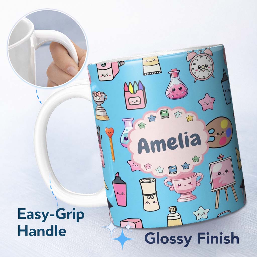 Personalized Custom Name Cute Kawaii Graduate Boy Science Art Supplies Seamless Pattern Blue 11oz Ceramic Coffee Tea Mug White Large Handle