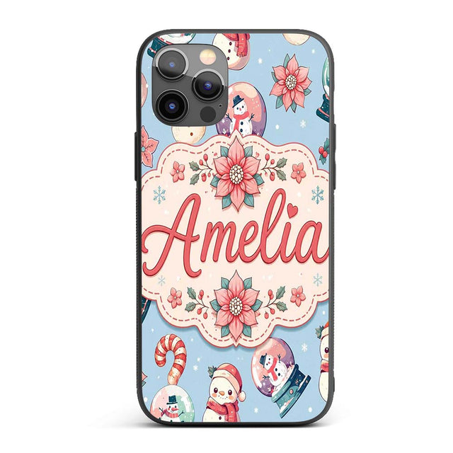 Cute Snowman Snow Globe Poinsettia Printed Design Custom Name Protective Phone Case Mobile Cover Durable Everyday Smartphone Shock Resistant