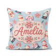 Custom Name Snowman Snow Globe Poinsettia Christmas Pattern Blue Square Filled Cushion Throw Pillow Sofa Bed Home Decor Zip Washable UK Made