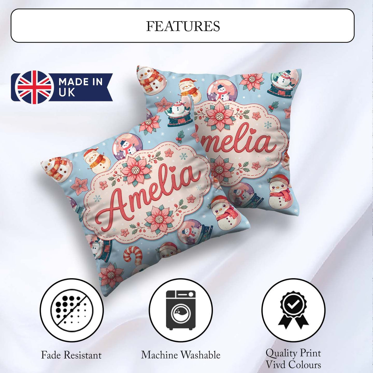 Custom Name Snowman Snow Globe Poinsettia Christmas Pattern Blue Square Filled Cushion Throw Pillow Sofa Bed Home Decor Zip Washable UK Made