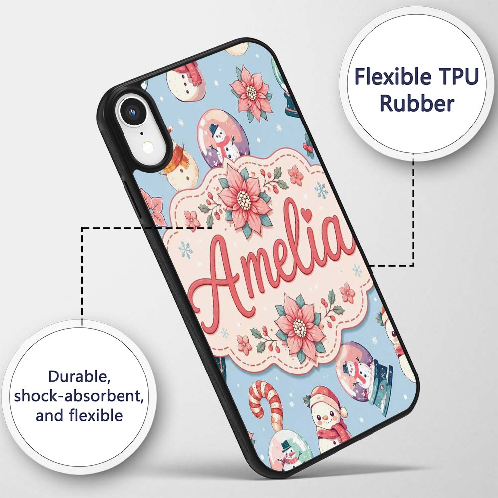 Cute Snowman Snow Globe Poinsettia Printed Design Custom Name Protective Phone Case Mobile Cover Durable Everyday Smartphone Shock Resistant