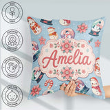 Custom Name Snowman Snow Globe Poinsettia Christmas Pattern Blue Square Filled Cushion Throw Pillow Sofa Bed Home Decor Zip Washable UK Made