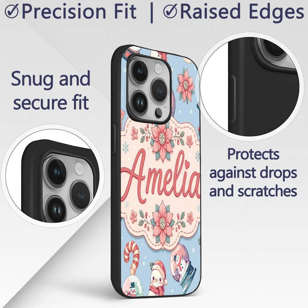 Cute Snowman Snow Globe Poinsettia Printed Design Custom Name Protective Phone Case Mobile Cover Durable Everyday Smartphone Shock Resistant