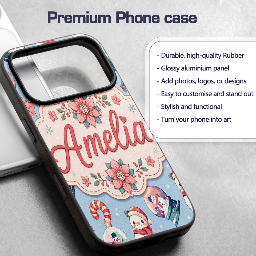 Cute Snowman Snow Globe Poinsettia Printed Design Custom Name Protective Phone Case Mobile Cover Durable Everyday Smartphone Shock Resistant