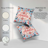 Custom Name Snowman Snow Globe Poinsettia Christmas Pattern Blue Square Filled Cushion Throw Pillow Sofa Bed Home Decor Zip Washable UK Made