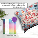 Custom Name Snowman Snow Globe Poinsettia Christmas Pattern Blue Square Filled Cushion Throw Pillow Sofa Bed Home Decor Zip Washable UK Made