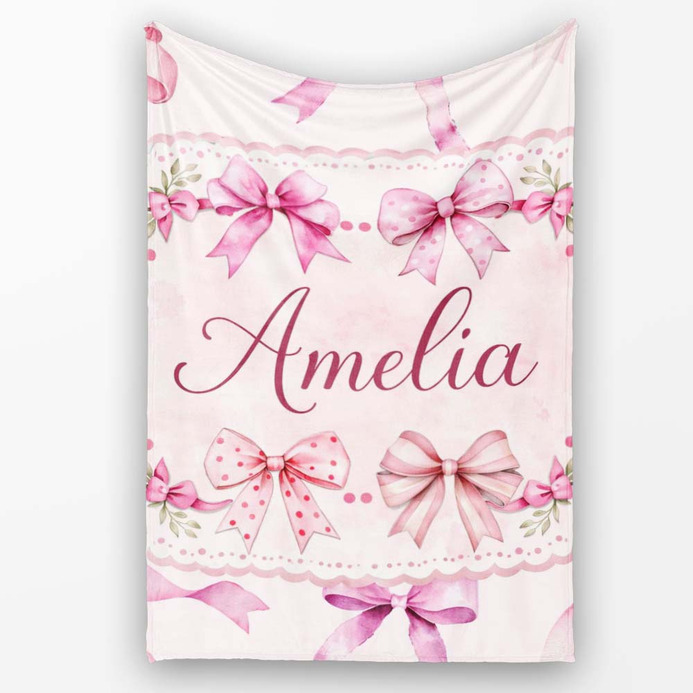 Watercolor Pink Ribbon Bows Beige Background Seamless Pattern Lovely  Personalised Custom Name Super Soft Fleece Blanket Bed Sofa Throw