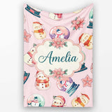 Cute Snowman Snow Globe Poinsettia Flower Christmas Light Pink  Personalised Custom Name Super Soft Fleece Blanket Bed Sofa Throw