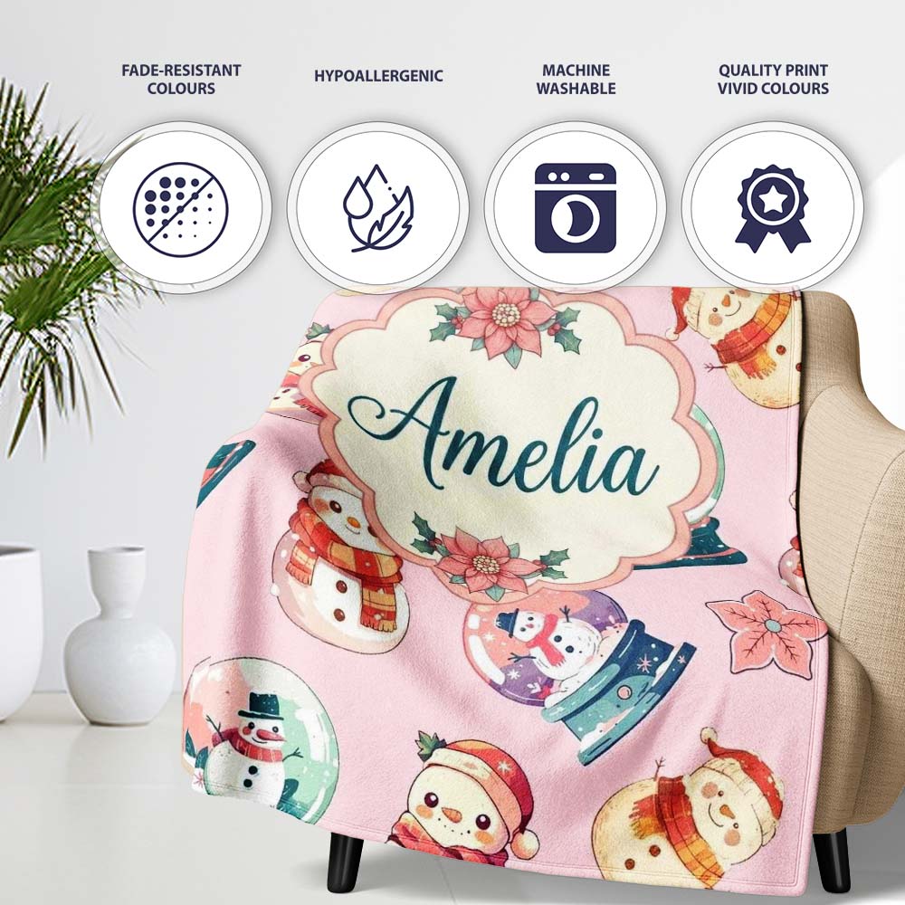 Cute Snowman Snow Globe Poinsettia Flower Christmas Light Pink  Personalised Custom Name Super Soft Fleece Blanket Bed Sofa Throw