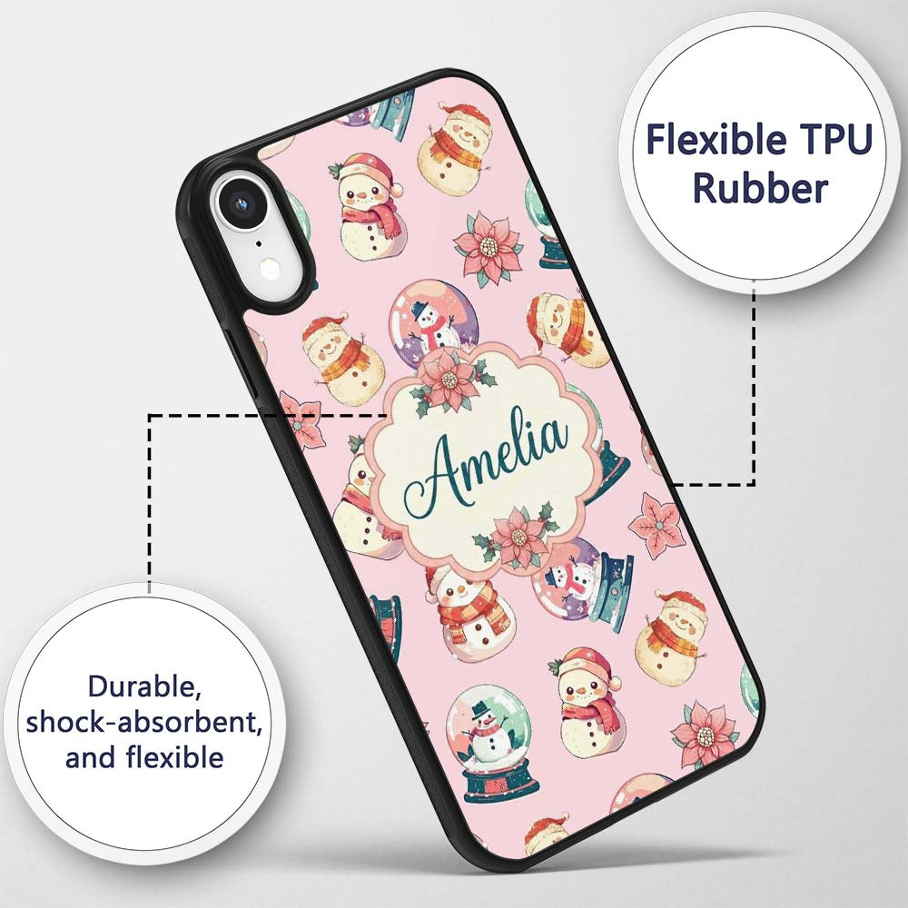 Cute Snowman Snow Globe Poinsettia Printed Design Custom Name Protective Phone Case Mobile Cover Durable Everyday Smartphone Shock Resistant