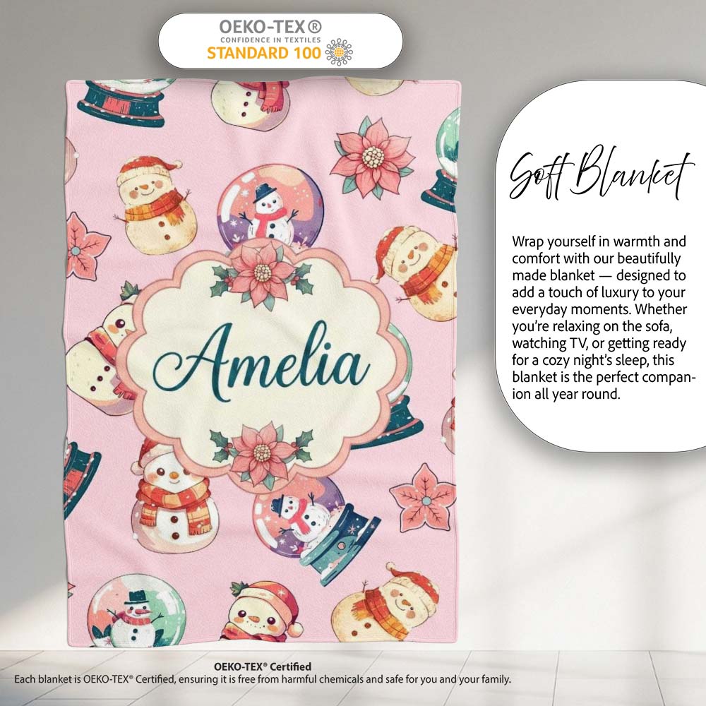 Cute Snowman Snow Globe Poinsettia Flower Christmas Light Pink  Personalised Custom Name Super Soft Fleece Blanket Bed Sofa Throw
