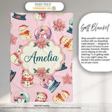 Cute Snowman Snow Globe Poinsettia Flower Christmas Light Pink  Personalised Custom Name Super Soft Fleece Blanket Bed Sofa Throw