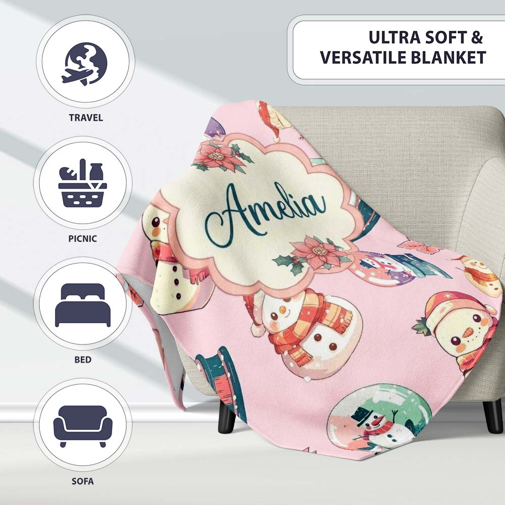 Cute Snowman Snow Globe Poinsettia Flower Christmas Light Pink  Personalised Custom Name Super Soft Fleece Blanket Bed Sofa Throw