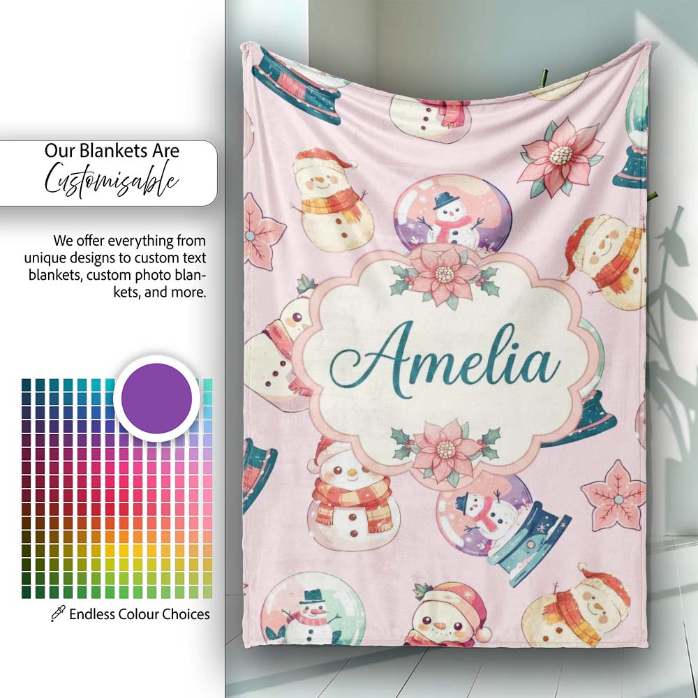 Cute Snowman Snow Globe Poinsettia Flower Christmas Light Pink  Personalised Custom Name Super Soft Fleece Blanket Bed Sofa Throw