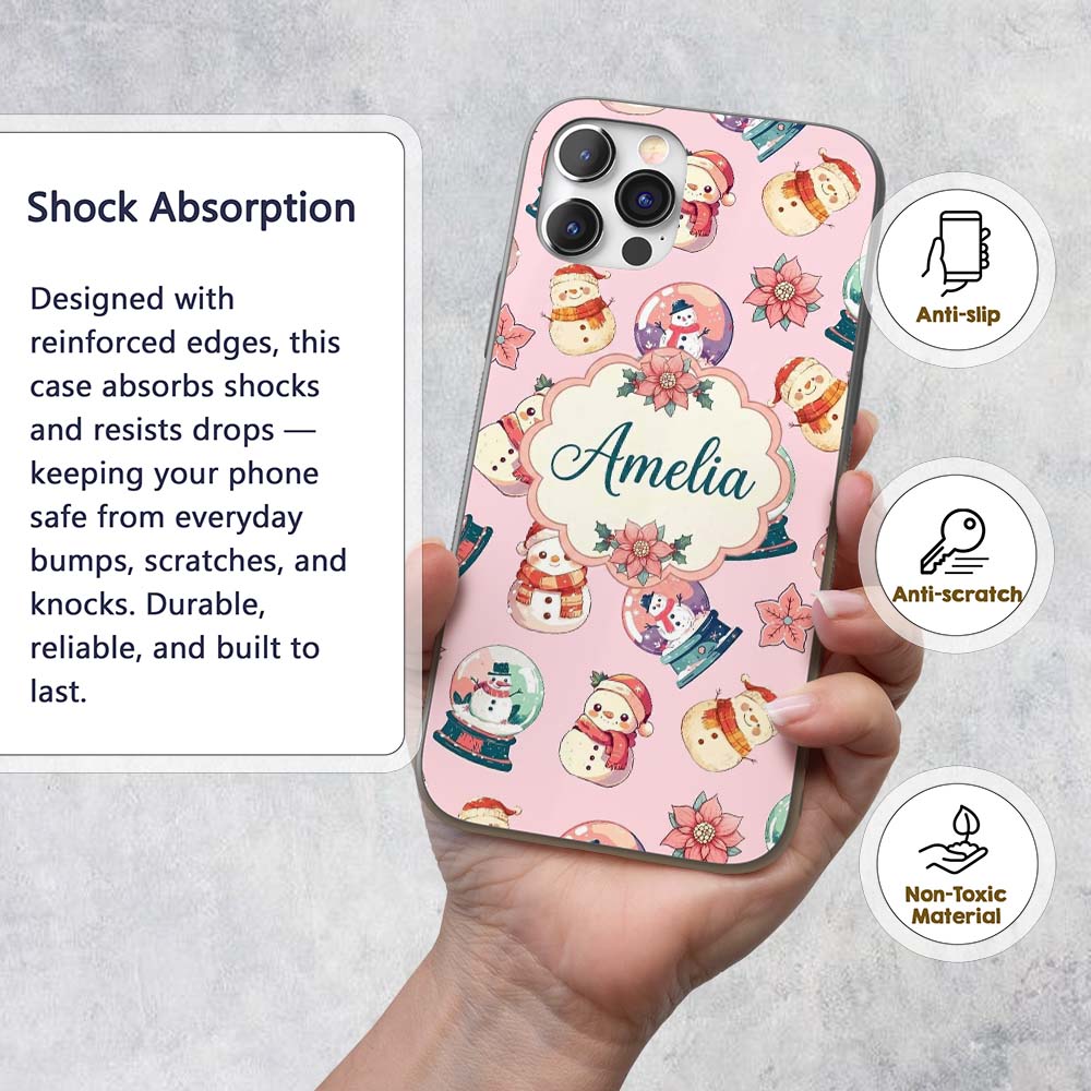 Cute Snowman Snow Globe Poinsettia Printed Design Custom Name Protective Phone Case Mobile Cover Durable Everyday Smartphone Shock Resistant