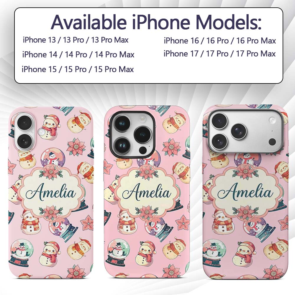 Cute Snowman Snow Globe Poinsettia Printed Design Custom Name Protective Phone Case Mobile Cover Durable Everyday Smartphone Shock Resistant