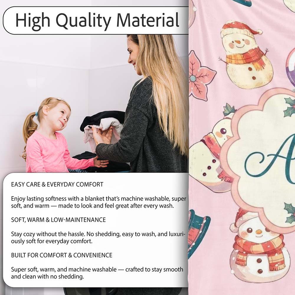 Cute Snowman Snow Globe Poinsettia Flower Christmas Light Pink  Personalised Custom Name Super Soft Fleece Blanket Bed Sofa Throw