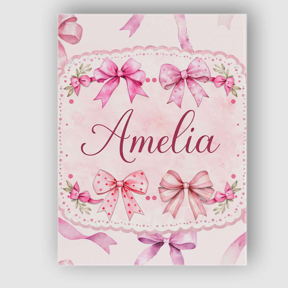 Personalised Name Watercolor Pink Ribbon Bows Beige Background Custom Modern Room Accent Canvas Wall Art Print Decor Picture Ready to Hang
