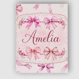 Personalised Name Watercolor Pink Ribbon Bows Beige Background Custom Modern Room Accent Canvas Wall Art Print Decor Picture Ready to Hang