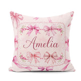 Custom Name Watercolor Pink Ribbon Bows Beige Background Pattern Square Filled Cushion Throw Pillow Sofa Bed Home Decor Zip Washable UK Made