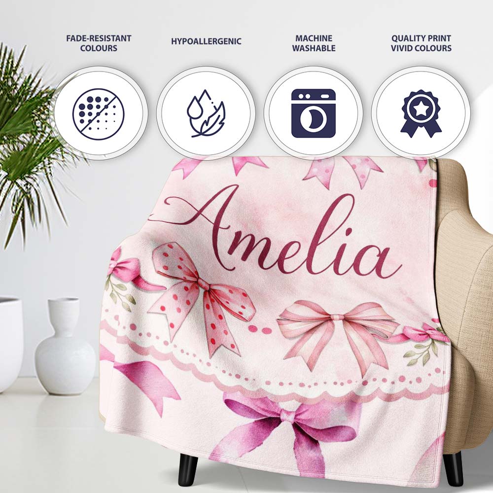 Watercolor Pink Ribbon Bows Beige Background Seamless Pattern Lovely  Personalised Custom Name Super Soft Fleece Blanket Bed Sofa Throw
