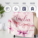 Watercolor Pink Ribbon Bows Beige Background Seamless Pattern Lovely  Personalised Custom Name Super Soft Fleece Blanket Bed Sofa Throw