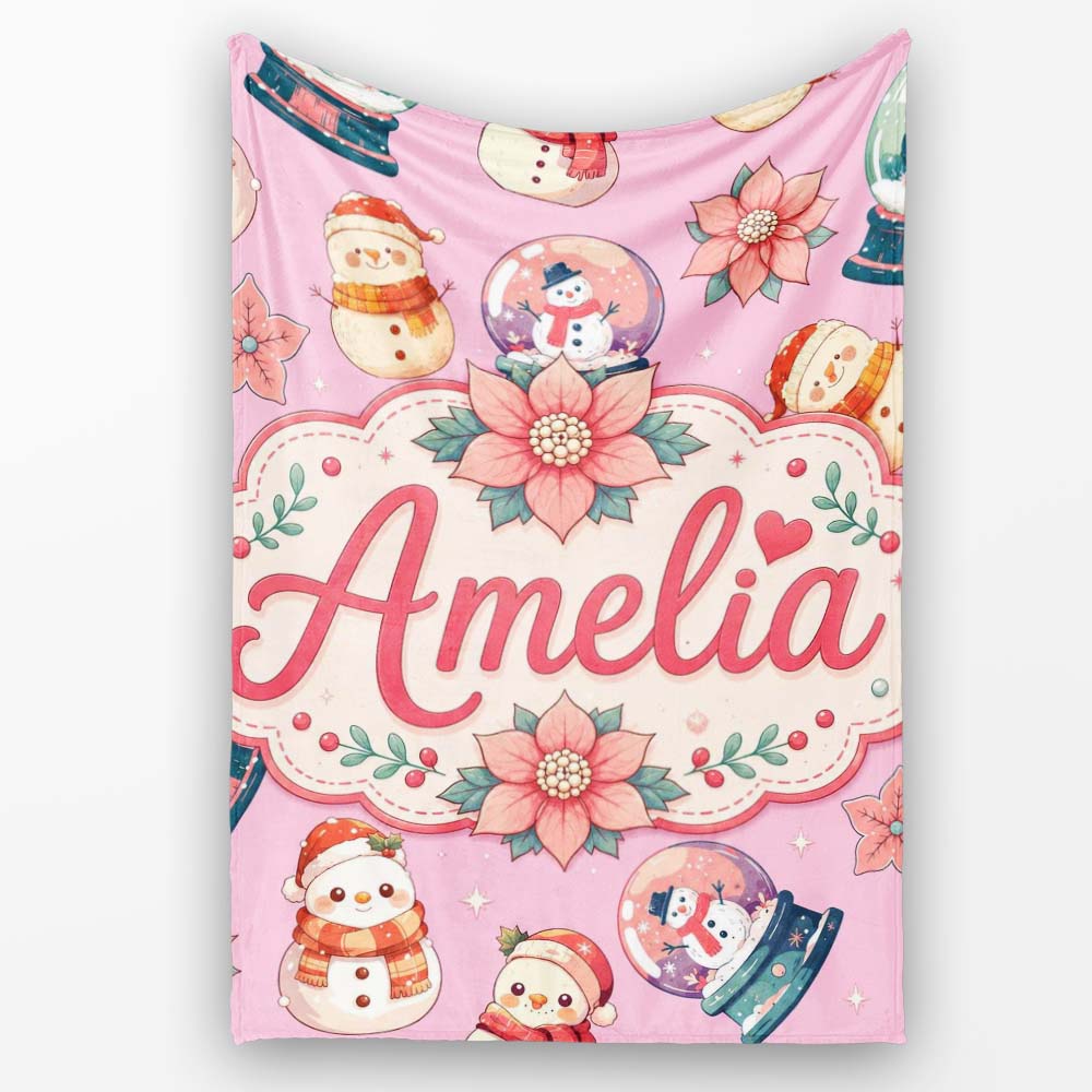 Cute Snowman Snow Globe Poinsettia Flower Christmas Dusty Pink  Personalised Custom Name Super Soft Fleece Blanket Bed Sofa Throw