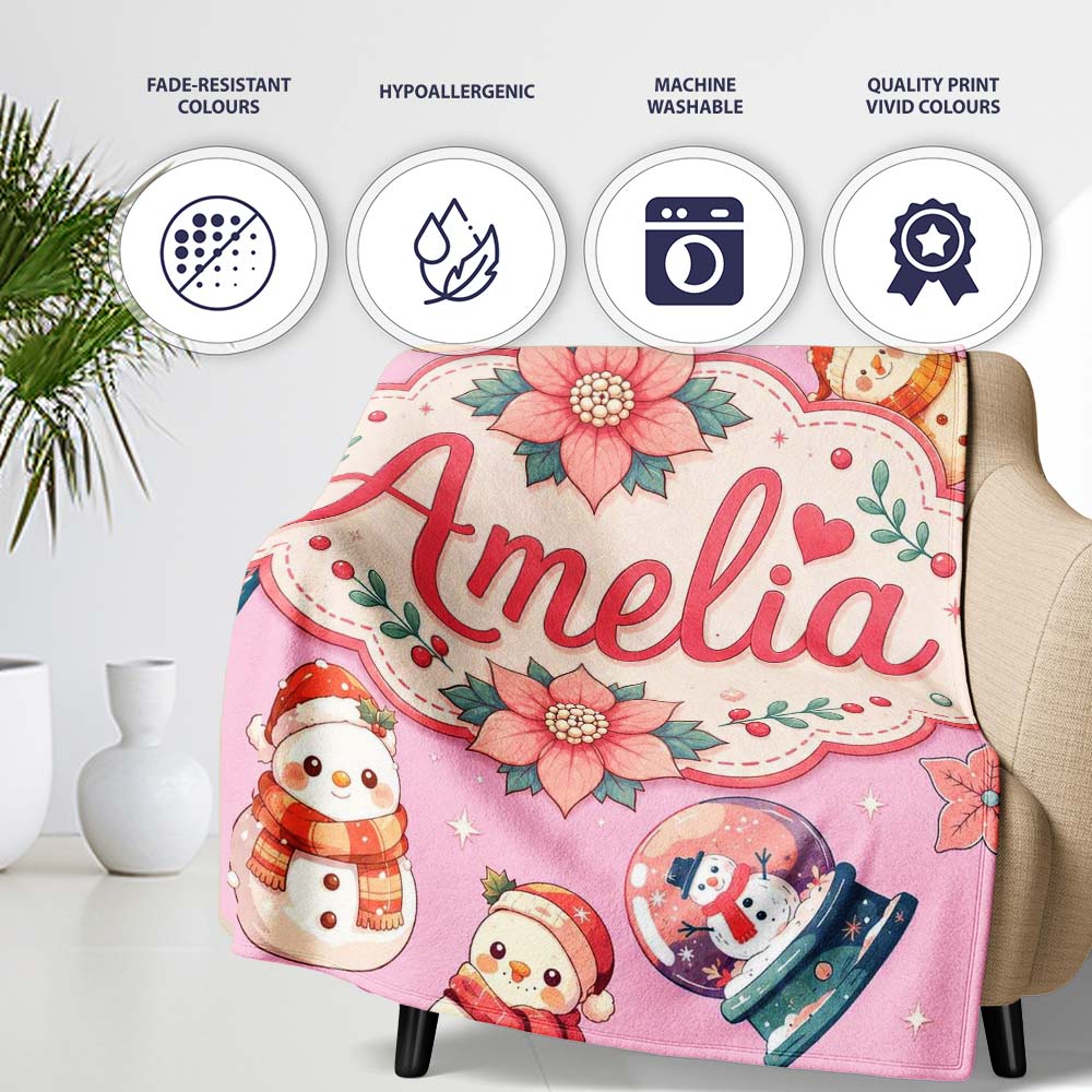 Cute Snowman Snow Globe Poinsettia Flower Christmas Dusty Pink  Personalised Custom Name Super Soft Fleece Blanket Bed Sofa Throw