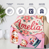Cute Snowman Snow Globe Poinsettia Flower Christmas Dusty Pink  Personalised Custom Name Super Soft Fleece Blanket Bed Sofa Throw