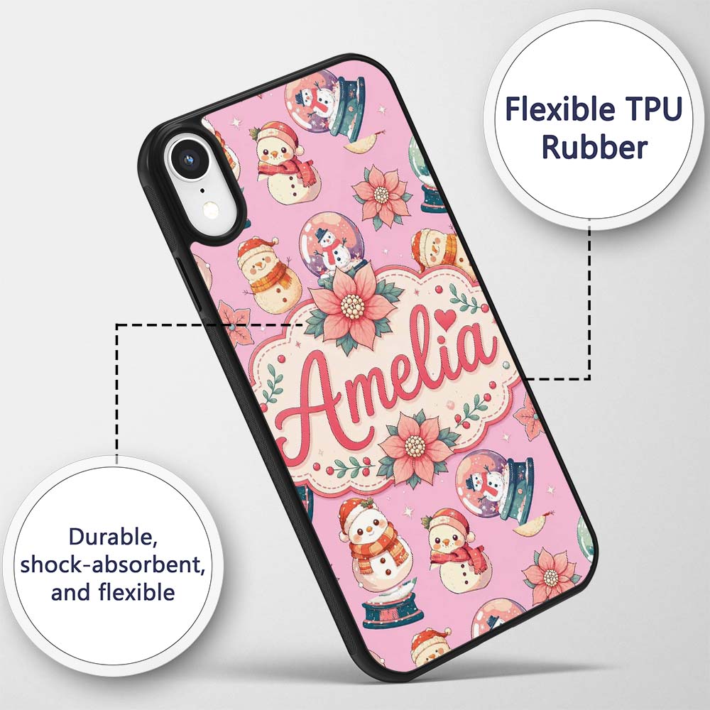 Cute Snowman Snow Globe Poinsettia Printed Design Custom Name Protective Phone Case Mobile Cover Durable Everyday Smartphone Shock Resistant