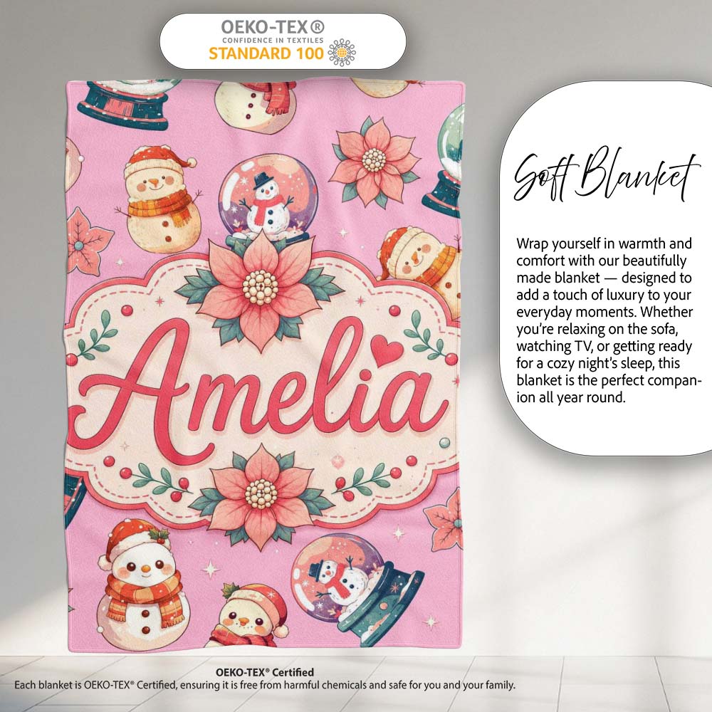 Cute Snowman Snow Globe Poinsettia Flower Christmas Dusty Pink  Personalised Custom Name Super Soft Fleece Blanket Bed Sofa Throw