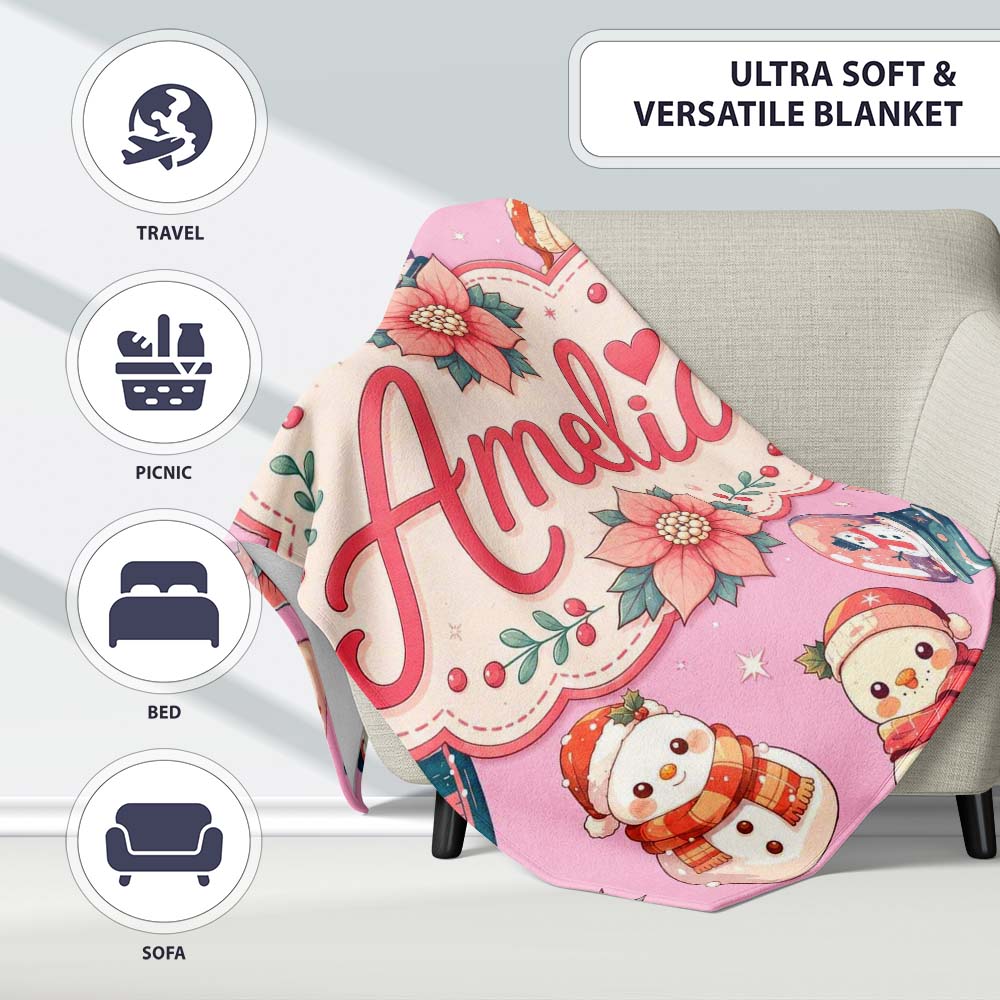 Cute Snowman Snow Globe Poinsettia Flower Christmas Dusty Pink  Personalised Custom Name Super Soft Fleece Blanket Bed Sofa Throw