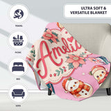 Cute Snowman Snow Globe Poinsettia Flower Christmas Dusty Pink  Personalised Custom Name Super Soft Fleece Blanket Bed Sofa Throw