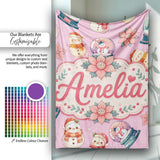 Cute Snowman Snow Globe Poinsettia Flower Christmas Dusty Pink  Personalised Custom Name Super Soft Fleece Blanket Bed Sofa Throw